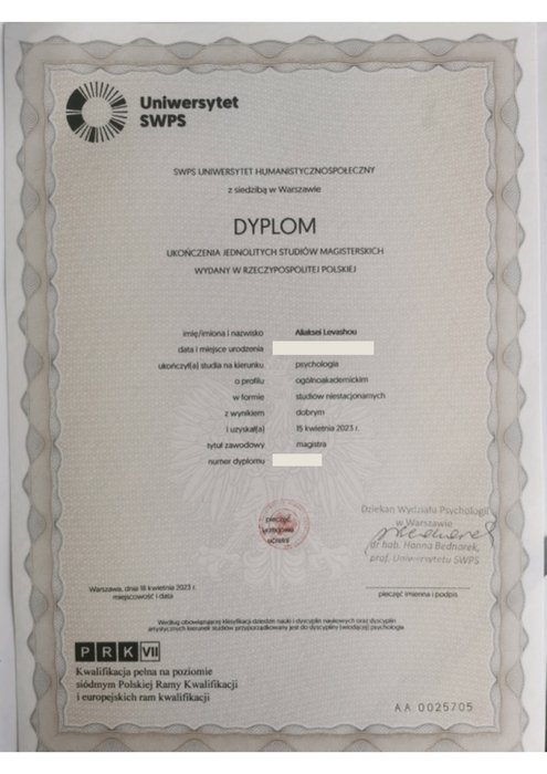 Диплом магистра SWPS, психология